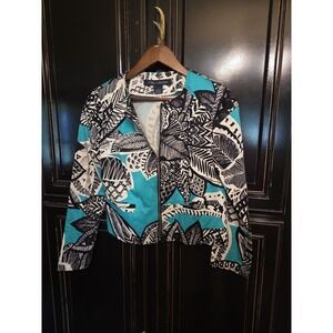 Chloe Madison Teal, Black Abstract Floral  Jacket Zip Up Size 6, Summer, Beach,